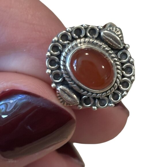 Sterling Silver 925 Carnelian Red/orange Ornate Oval Ring Size 6 Southwest Boho - Picture 3 of 5